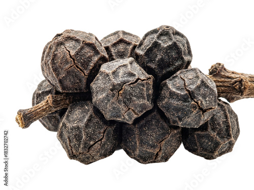 Closeup of dried black peppercorns on a stem. isolated on transparent background