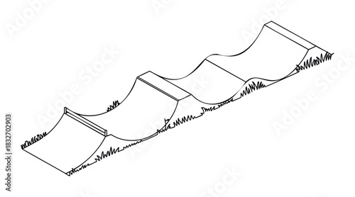 Black and white line drawing of an outdoor skate park with multiple ramps and grass details, perfect for sports or recreation related projects.
