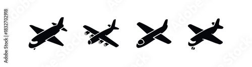 Collection of diverse airplane silhouettes representing travel and transportation, perfect for web icons and graphic design projects.