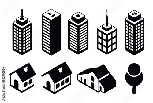 Collection of isometric buildings and houses, including skyscrapers and a tree, perfect for cityscapes, urban planning, or real estate concepts.