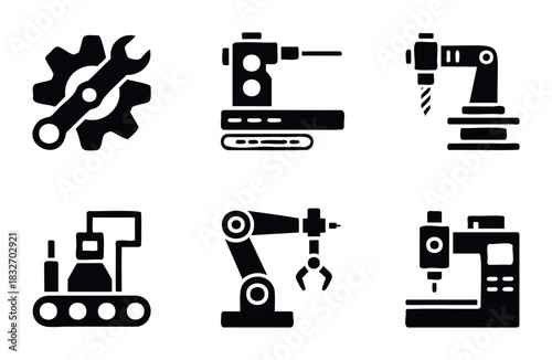 Set of industrial automation icons featuring robotic arms, conveyor belts, gears, wrenches, and drilling machines for manufacturing and engineering concepts.