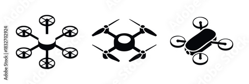 Collection of various drone icons for aviation and technology applications, representing aerial vehicles with propellers for surveillance and delivery services in modern industry.