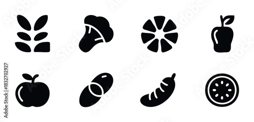 Collection of fresh food icons including fruits vegetables and grains perfect for health and wellness themes in digital media and print.