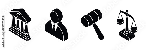 Collection of isometric law and justice icons including courthouse, lawyer, gavel, and scales of justice for legal concepts and services