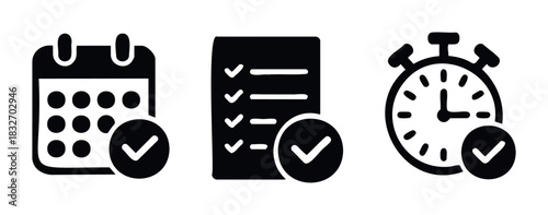 Set of three icons representing a completed calendar, checklist, and stopwatch, perfect for project management and time tracking applications.