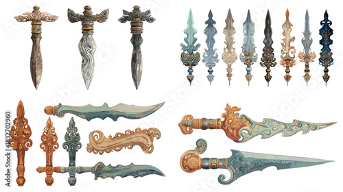 Detailed fantasy dagger illustration set with ornate blades, decorative handles and ancient inspired motifs. Ideal for mythology themes, game design elements and creative weapon art.