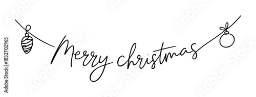 Festive hand drawn calligraphy text Merry Christmas adorned with delicate string lights and hanging ornaments perfect for holiday greeting cards and seasonal promotions