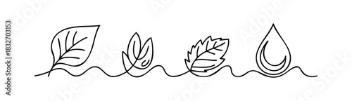 Minimalist line graphics featuring organic elements like leaves and water drops symbolize growth and purity for wellness and nature concepts.