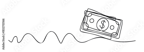 Conceptual line drawing of folded dollar bills with a flowing wavy line representing financial movement or instability, suitable for finance and business themes.