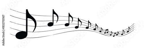 Wavy musical staff with black eighth notes and treble clef creates a flowing melody symbolizing harmony and rhythm for creative projects and sound concepts.