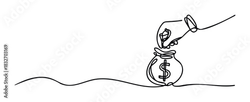 Single line drawing of a hand placing a dollar bill into a money bag, representing saving or investment for financial growth in business and personal finance concepts.