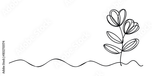 Minimalist single line drawing of delicate plant with leaves and buds and flowing wavy ground line for organic themes and nature related projects