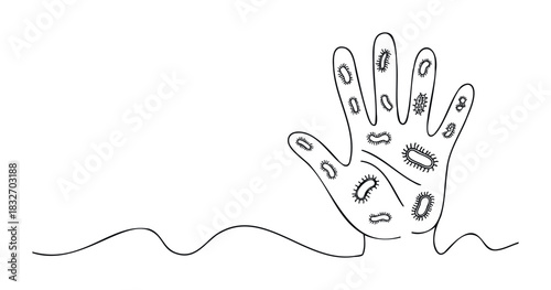 Hand covered in microbes and germs symbolizing disease and hygiene concerns, useful for health awareness campaigns and educational materials about viruses and bacteria.