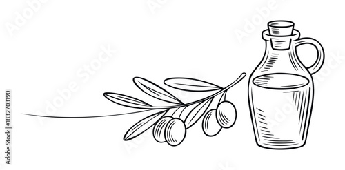 Sketch of olives on a branch next to a bottle of olive oil, perfect for food and beverage branding, healthy lifestyle promotions, and culinary themes