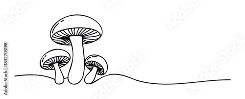 Simple line drawing of three mushrooms growing from a curved ground line, perfect for nature themes, organic products, or forestinspired backgrounds and seasonal campaigns
