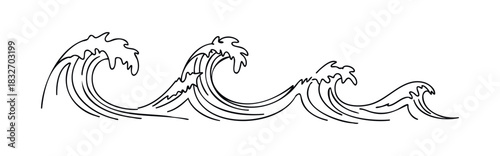 Dynamic black and white line art depicting powerful crashing ocean waves and surf, ideal for use in coastal themed marketing materials and aquatic product promotions