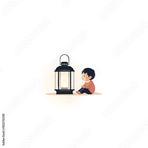 Illustration of a young boy sitting next to a lantern with a soft glow in a simple, flat style.