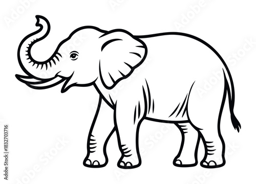 Monochrome outline drawing of a walking elephant with its trunk raised, suitable for educational materials or childrens books.