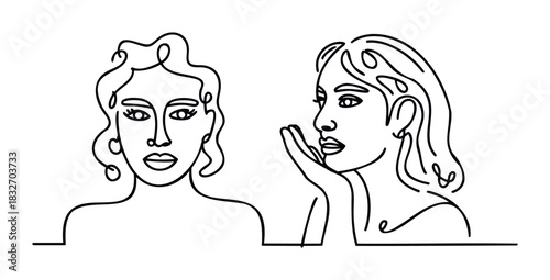 Two women faces in minimalist outline style one whispering secret to another great for communication concept and friendship theme usage