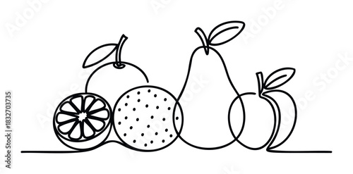 Fresh fruit arrangement in continuous line style including orange slices, whole orange, pear, and apple, perfect for healthy eating promotion and food related themes.