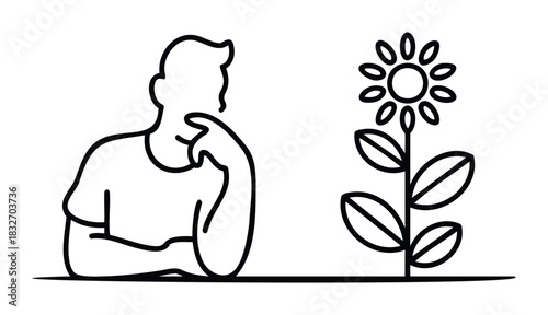 Thoughtful man contemplating a blooming flower, symbolizing growth and inspiration for business concepts like innovation, creativity, and personal development.