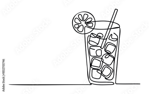 Minimalist continuous line drawing of a tall glass filled with ice cubes, a slice of lemon, and a straw, perfect for beverage advertising or refreshment concepts
