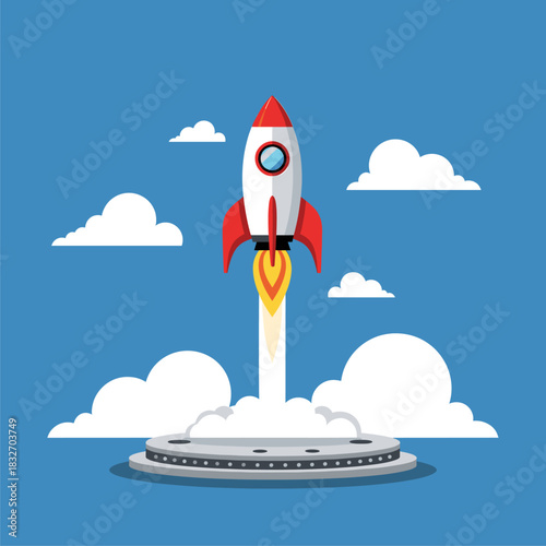 Startup Rocket Launching into Blue Sky - Business Growth and Innovation Concept