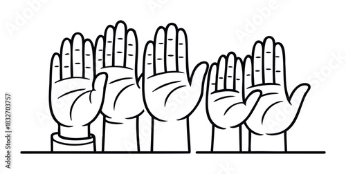 Group of hands raised in support or participation, representing teamwork, community, and voting, ideal for concepts of activism and unity.