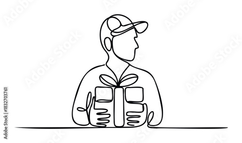 Delivery person in cap holding gift box in continuous line drawing style for celebration and surprise concepts