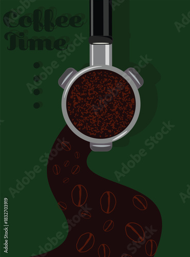 background templates coffee with portafilters and flow of coffee beans in dark green background for invitations, cards, banner, brochure, poster, cover, cafe menu