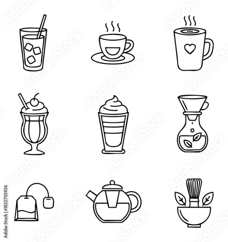 Collection of nine black and white line icons representing various beverages and tea preparation methods ideal for cafe menus or recipe books