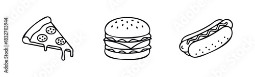 Simple line drawings of a slice of pizza, a hamburger, and a hot dog presented side by side, perfect for foodrelated websites, menus, or social media posts.