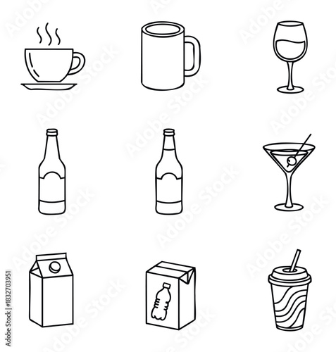 Collection of various drink containers including coffee cup, mug, wine glass, bottles, juice carton, and disposable cup with straw for beverage or refreshment concepts.