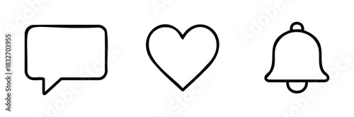 Collection of simple line icons representing social media interactions like comments, likes, and notifications, perfect for app interfaces and web elements.