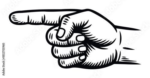 Graphic black and white hand pointing finger symbol for direction guidance warning or indication in digital media and print projects