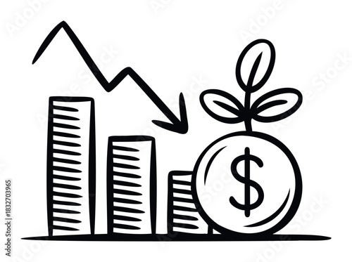 Drawn graph with falling arrow and stacks of coins symbolizing financial decline and economic recession, perfect for business and investment concepts.