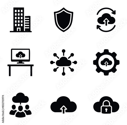 Set of nine black icons representing cloud computing and business services like data security, synchronization, and teamwork for digital solutions and presentations.