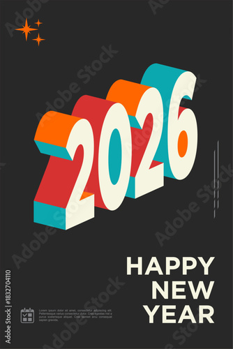 Happy New Year 2026 title rendered with modern, colorful isometric 3D typography on a dark background.