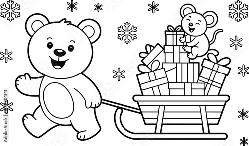 Cute Bear Pulling Sleigh Full of Gifts with a Mouse on Top, Snowflakes