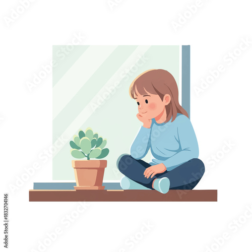 A young woman sits cross-legged on a windowsill with a potted plant, lost in thought with a contemplative expression.