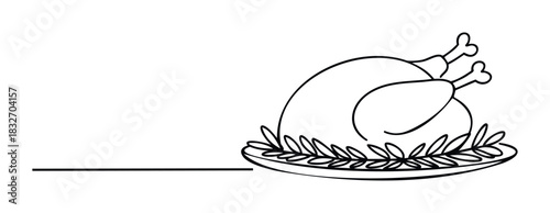 Simple outline of a roasted turkey on a platter garnished with leaves, suitable for foodrelated graphics and holiday promotions.