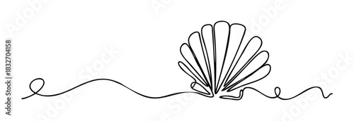 Continuous line drawing of a seashell with wavy lines on a plain background, representing ocean life and abstract forms for graphic usage.