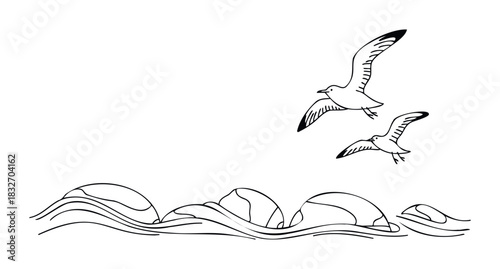 Two seagulls soar over stylized waves and rocks, perfect for themes of nature, freedom, and coastal journeys in your next project.