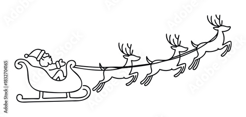 Santa Claus rides in a sleigh pulled by reindeer against a white background a festive holiday graphic for Christmas celebrations and winter promotions