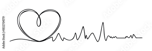 Abstract continuous line drawing combining a heart shape with a vital sign pulse for healthcare or love related themes