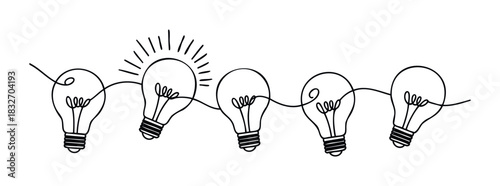 Line art graphic of interconnected light bulbs representing ideas and innovation, perfect for technology, brainstorming, or solutions concepts.