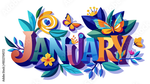Vector illustration of the word ‘JANUARY’ decorated with delicate floral elements, petals, butterflies and leafy accents