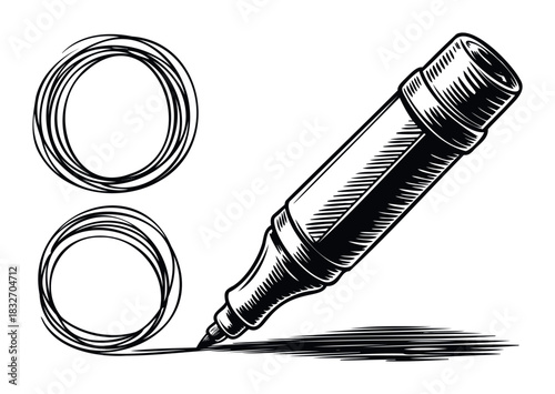 Sketch marker drawing circles with engraved shading for graphic design concept and educational material usage