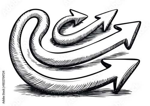 Hand drawn abstract black and white arrows showing direction and progress, perfect for representing concepts like growth, strategy, or challenges in presentations and web graphics.