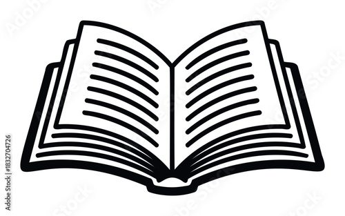 Open book with black lines on a white background representing pages, perfect for educational concepts, knowledge sharing, and academic themes in media and marketing projects.
